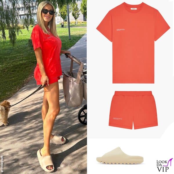 completo Pangaia, ciabatte Yeezy 