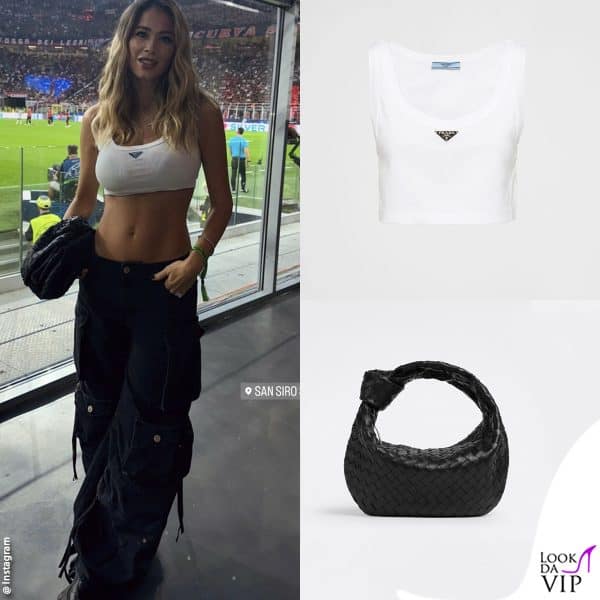 a San Siro per Milan-Newcastle (top Prada, borsa Bottega Veneta)
