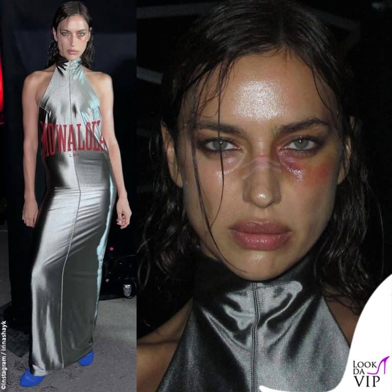 Irina Shayk con il volto tumefatto in passerella per Mowalola