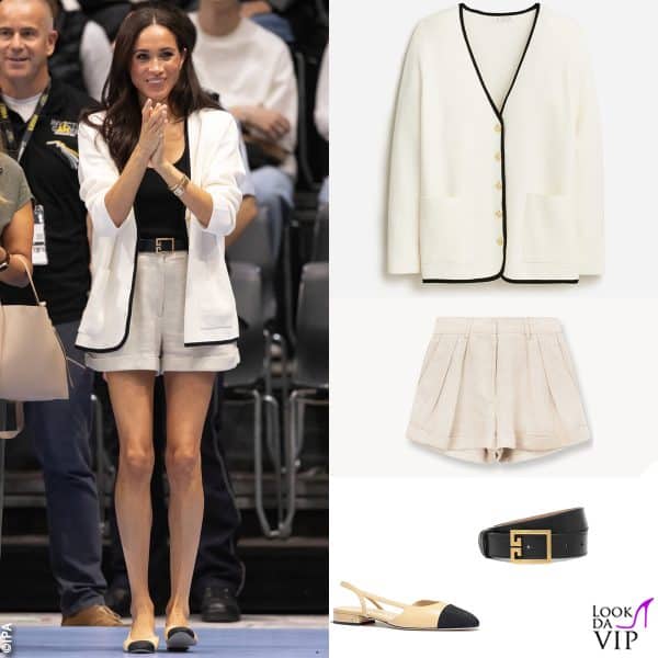cardigan J Crew, shorts Staud, cintura Givency, ballerine Chanel 