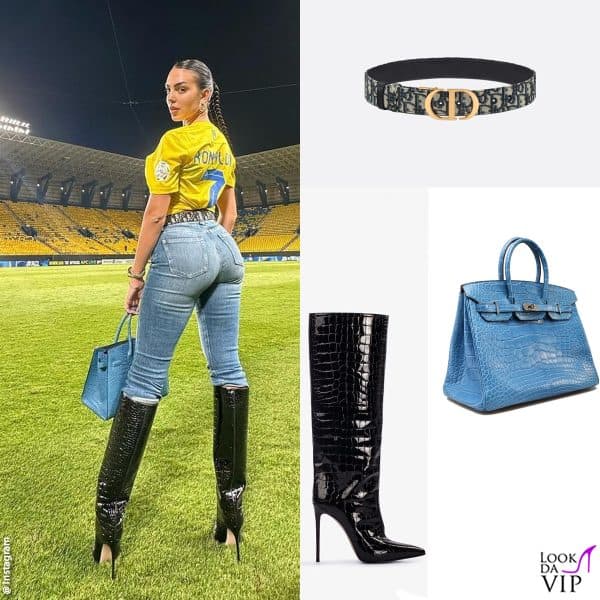 in campo con jeans Guess, cintura Dior, borsa Hermès, stivali Le Silla 