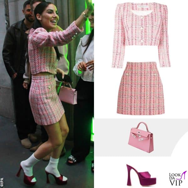 tailleur Alessandra Rich, borsa Hermès, platform Amina Muaddi 