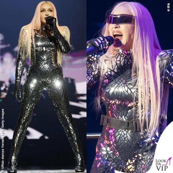 Sul palco a Londra con una jumpsuit custom made con laminazione applicata a mano che imita frammenti di vetro e spalle con taglio dritto