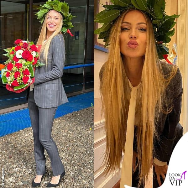 Taylor Mega per la sua laurea sceglie un tailleur gessato Luca Grassia
