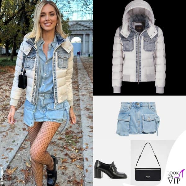 piumino Moorer, camicia Ralph Lauren, gonna The Attico, borsa e scarpe Prada 