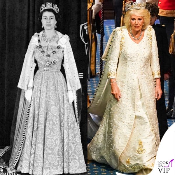 Camilla ha indossato il Diamond Diadem, la stessa corona indossata da Elisabetta all'apertura del Parlamento nel 1952