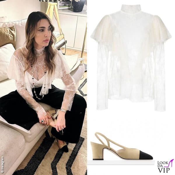 Cecilia Capriotti sfoggia camicia Philosophy e scarpe Chanel