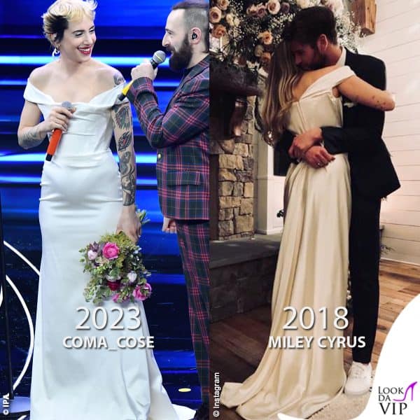 Il vestito da sposa che i Coma Cose hanno sfoggiato per la finale di Sanremo è lo stesso con cui si è sposata Miley Cyrus nel 2018 (Westwood)