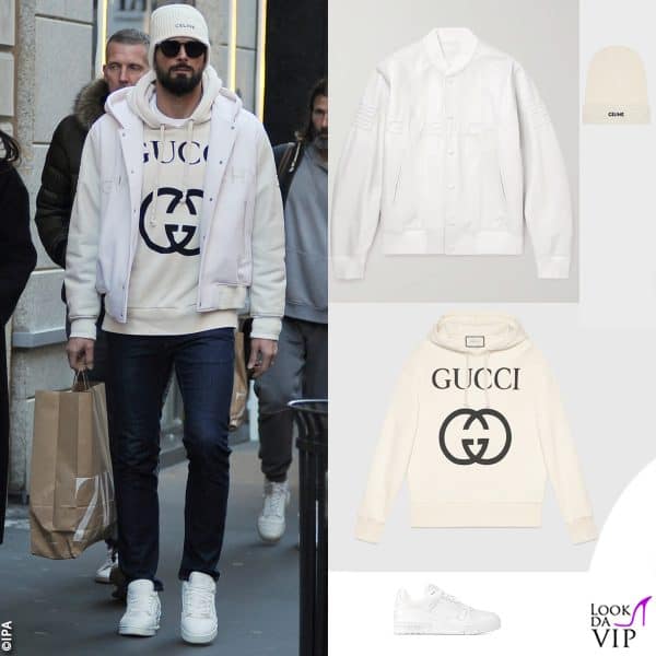 berretto Celine, felpa Gucci, giacca Givenchy, sneakers Louis Vuitton