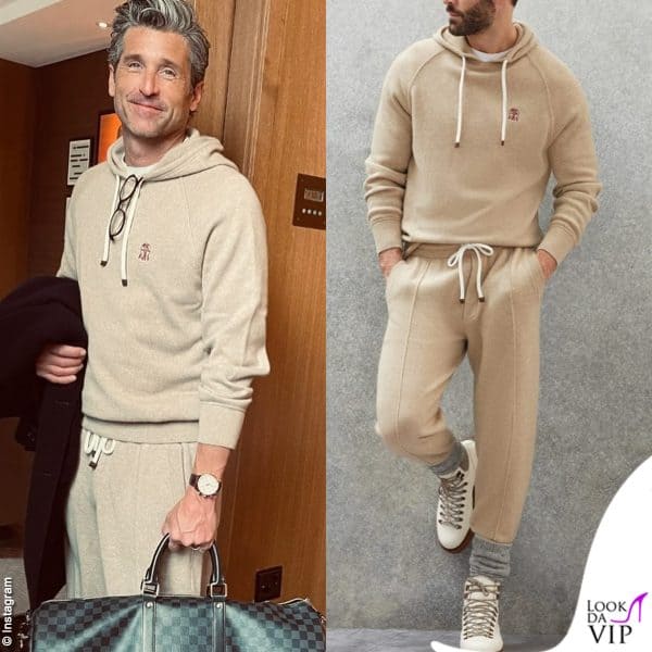 Patrick Dempsey, tuta Brunello Cucinelli (maglia 2.850 euro - pantaloni 2.700 euro)