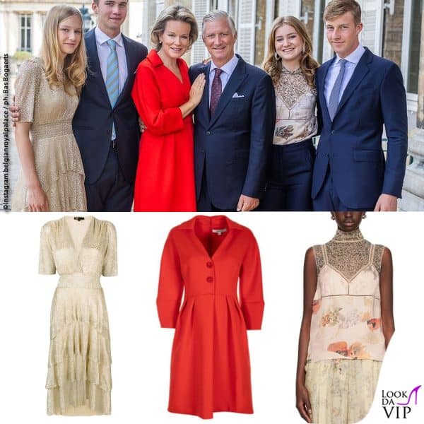 abito Maje Paris per la principessa Eleonore, abito Natan Couture per la regina Mathilde, top Dries Van Noten per la principessa Elisabeth 