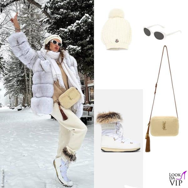 cappello Moncler, occhiali Dolce&Gabbana, borsa Saint Laurent, doposci Moon Boot