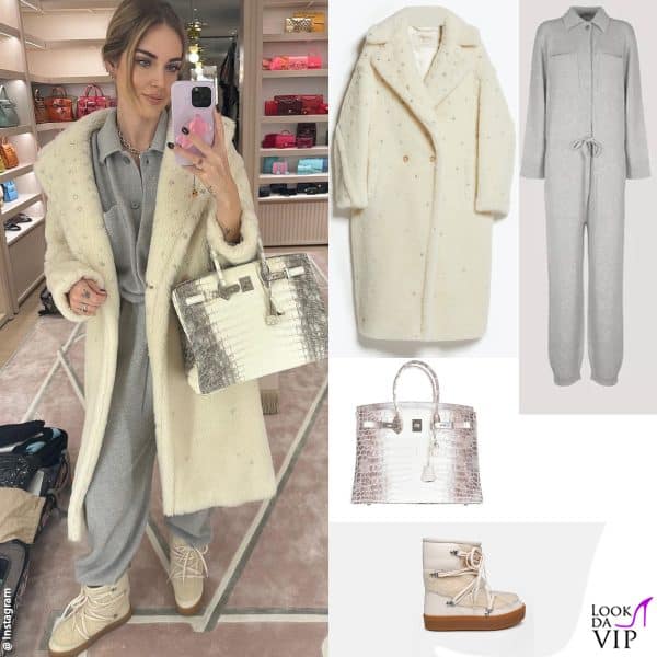 cappotto Max Mara, tuta Laneus, borsa Hermès, doposci Chiara Ferragni Brand 