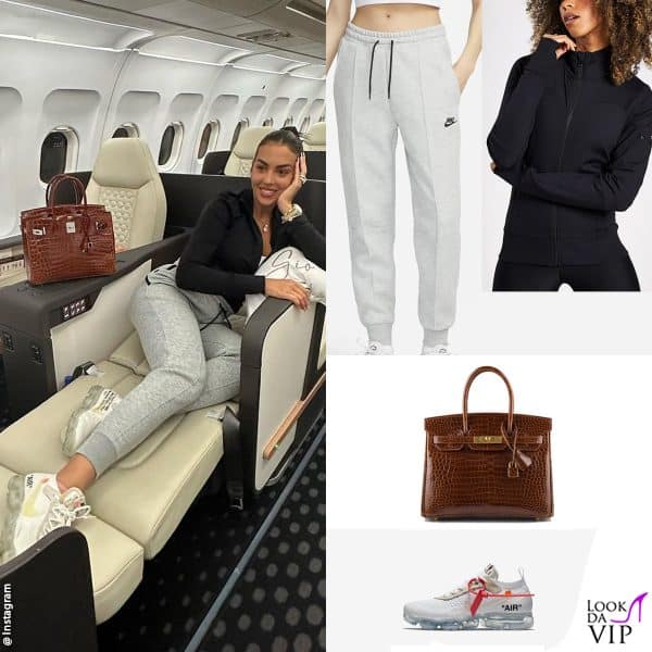 Il look di Georgina Rodriguez in aereo: felpa Alo, pantaloni e sneakers Nike, borsa Hermès 