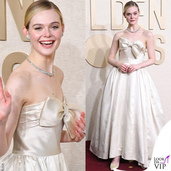 vintage Pierre Balmain per Elle Fanning, i gioielli sono Cartier 