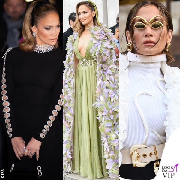 i tre look di Jennifer Lopez: Valentino, Elie Saab e Schiaparelli 