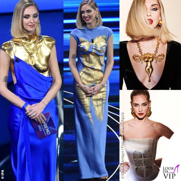 Dettagli anatomici esasperati nelle proposte Schiaparelli indossate dalla Ferragni alla finale di Sanremo 2023 