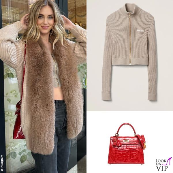 cardigan Miu Miu, borsa Hermès 