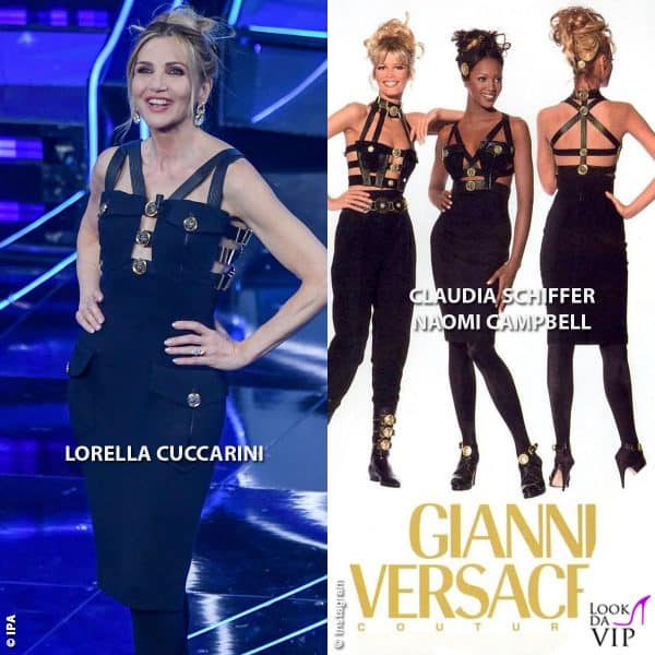 la Cuccarini in Versace nella collezione "Bondage" del 1992, indossata nella campagna pubblicitaria da Claudia Schiffer e Naomi Campbell 