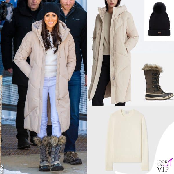 piumino Calvin Klein, maglione Co, capello Burberry, stivali Sorel 