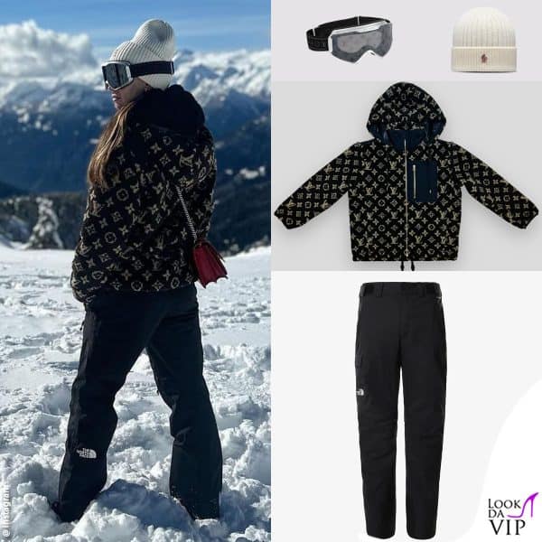 giacca e maschera Louis Vuitton, pantaloni The North Face, cappello Moncler
