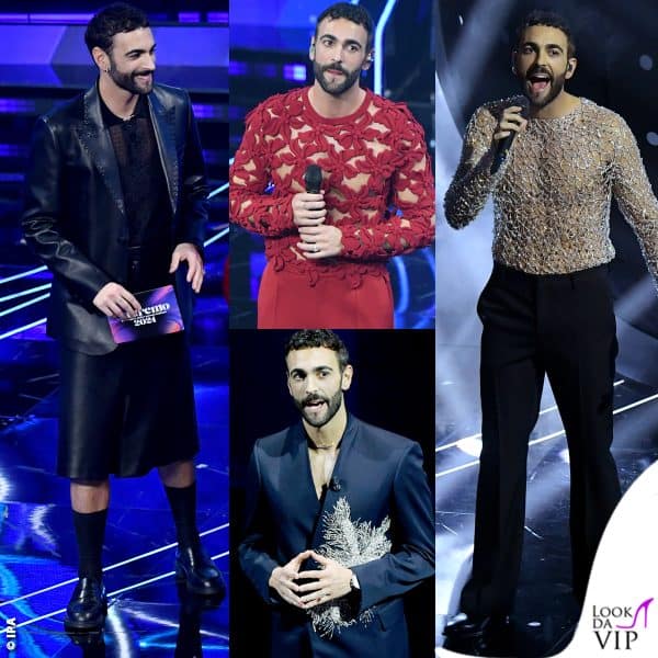 I look di Marco Mengoni (dall'altro in senso orario: Valentino, Versace, Emporio Armani, Fendi)