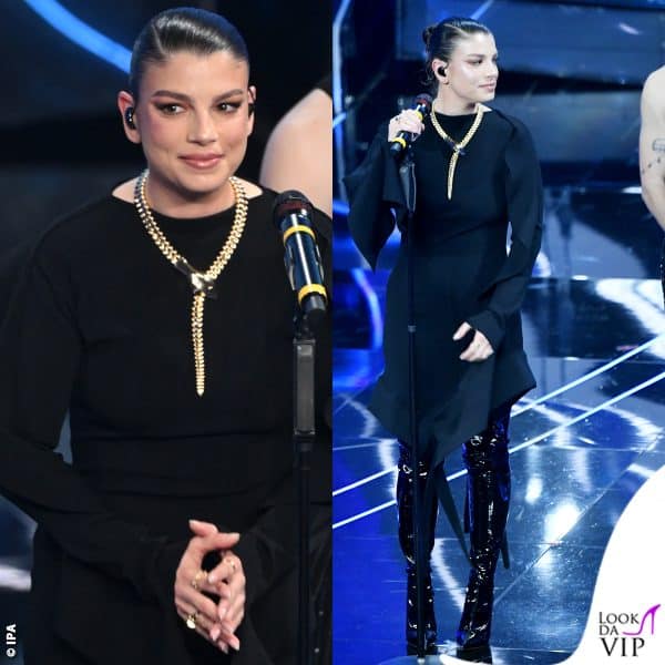 Emma con un vestito Mugler, collier Tiffany & Co. e stivali Casadei 
