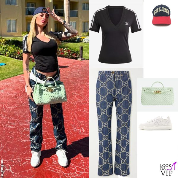 cappello Celine, t-shirt Adidas, jeans Gucci, sneakers Chanel, borsa Bottega Veneta