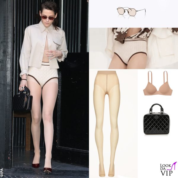 camicia e culotte Brunello Cucinelli, occhiali Oliver Peoples, reggiseno Victoria's Secret, collant Wolford, borsa Chanel 