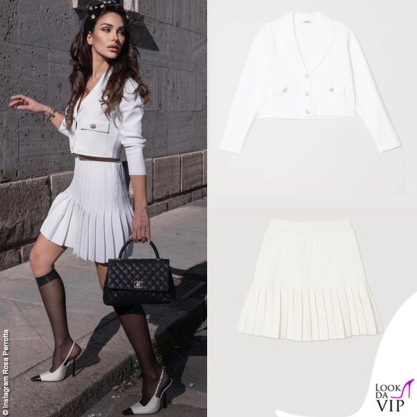 Rosa Perrotta con un look Sandro e borsa Chanel