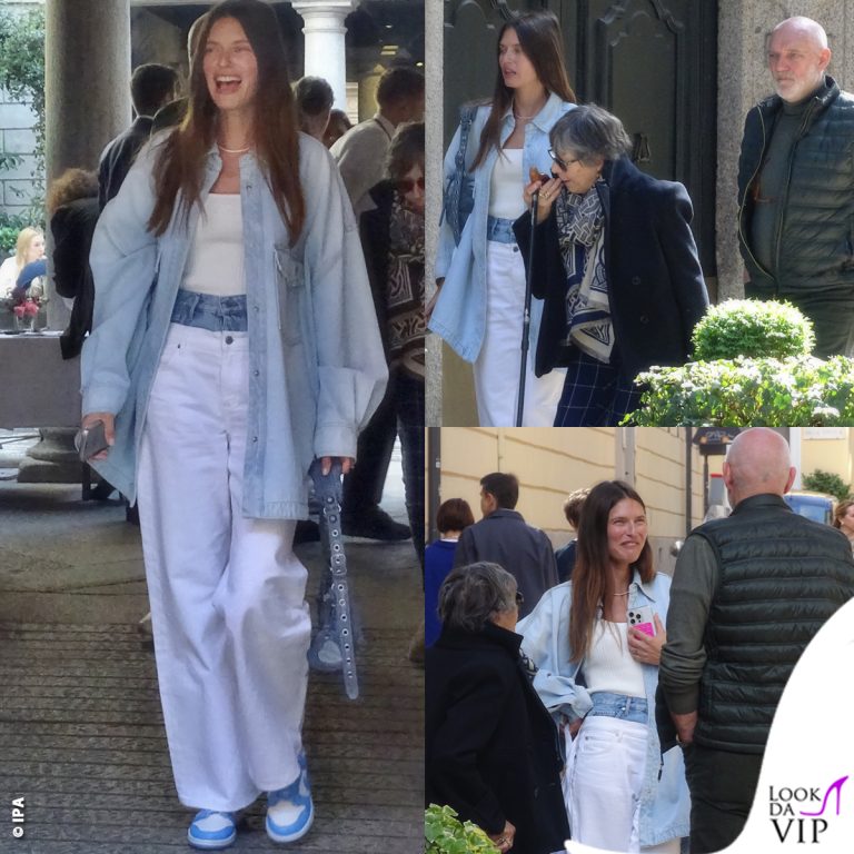 Bianca Balti pantaloni Sandro borsa Balenciaga scarpe Nike genitori