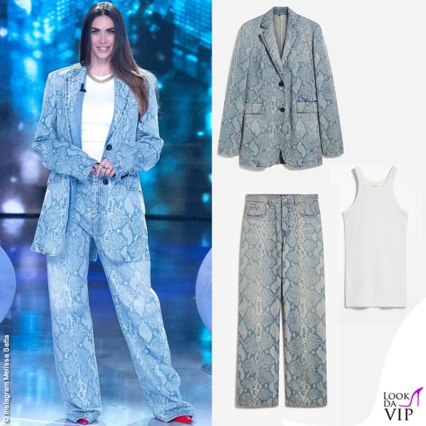 Melissa Satta a "Verissimo" ha sfoggiato un total look Sportmax in denim con effetto pitone