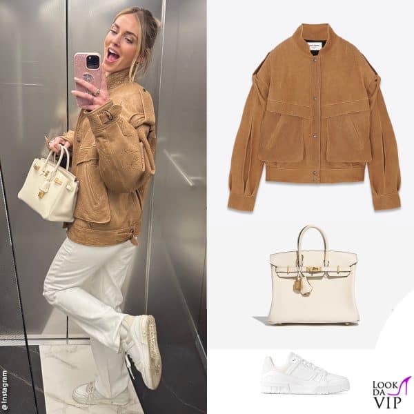 giacca Saint Laurent, borsa Hermes, sneakers Louis Vuitton