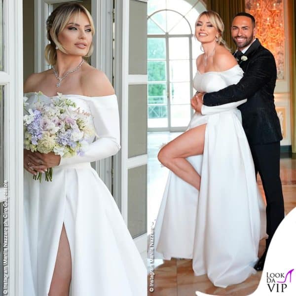 Manila ha indossato un abito Diamond Couture, ampio con spalle scoperte e spacco, per le celebrazione delle nozze con Stefano