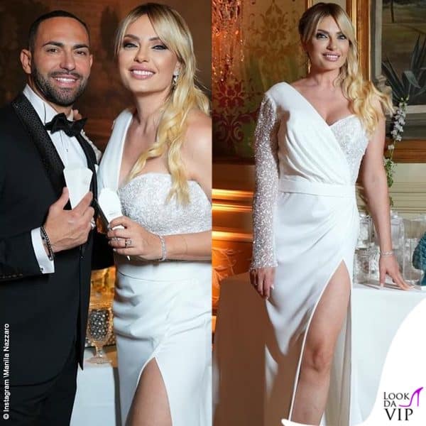 Per il party Manila Nazzaro ha scelto un vestito Diamond Couture dal taglio asimmetrico e dettagli luccicanti