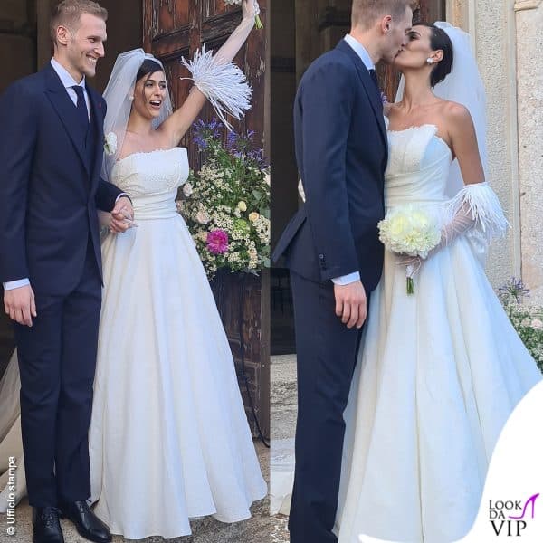 Alice Sabatini in abito da sposa Elisabetta Polignano alle nozze con Gabriele Benetti