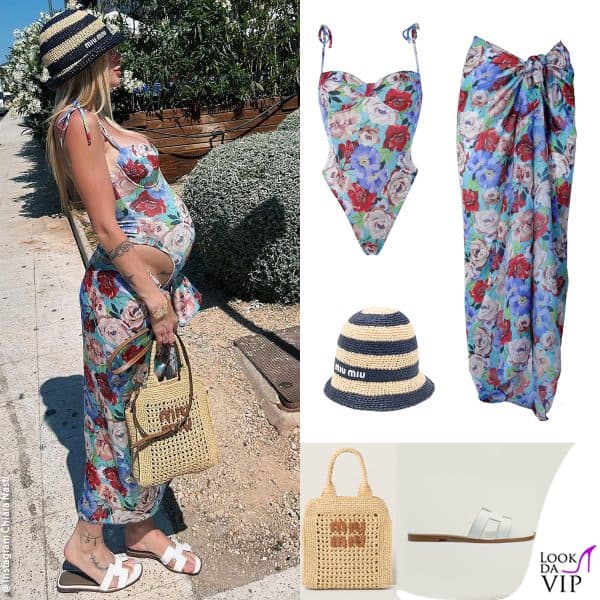 costume e pareo Plume Ethérée, cappello e borsa Miu Miu, ciabatte Hermès 