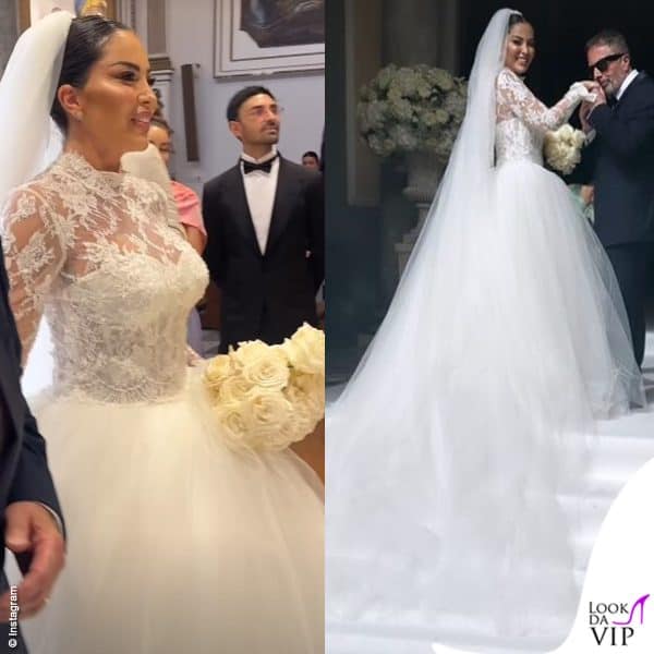 Floriana Messina alla cerimonia di nozze con un abito da sposa Formeri Atelier dal corpetto in pizzo e gonna ampia di tulle