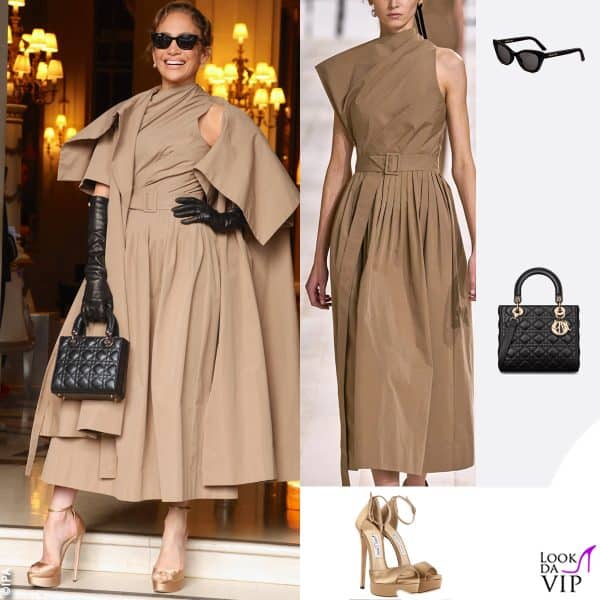 outfit, occhiali e borsa Dior, sandali Jimmy Choo 