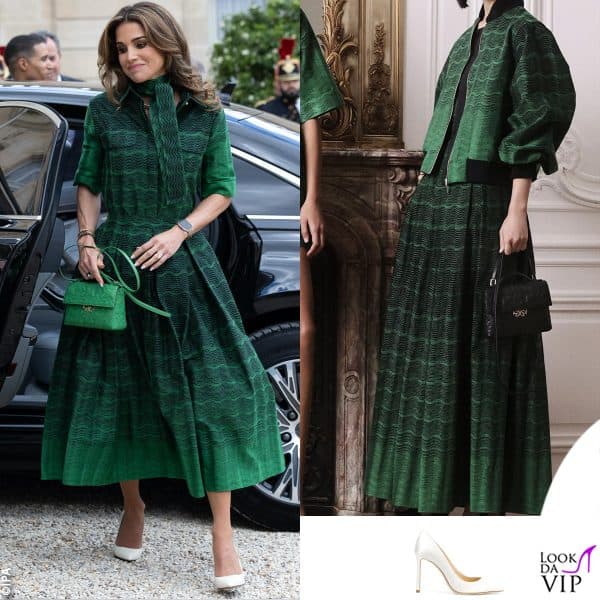 Rania di Giordania con outfit e borsa Elie Saab, pump Jimmy Choo 