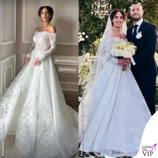 Sara Affi Fella romantica in Galia Lahav alle nozze con Francesco Fedato
