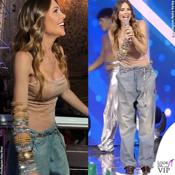 canotta in lurex, jeans Don The Fuller e platform Le Silla per Ilary Blasi 