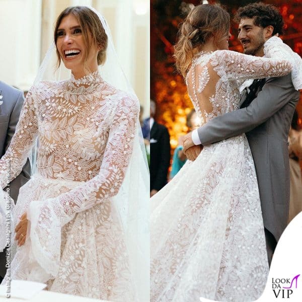 Domizia Castagnini ha scelto un ricercato abito da sposa Andrea Sedici per le nozze con Pecco Bagnaia (in Gucci)