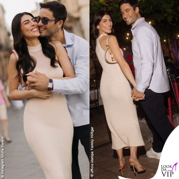 Giulia Salemi con un vestito bianco Tommy Hilfiger posa insieme a Pierpaolo Pretelli