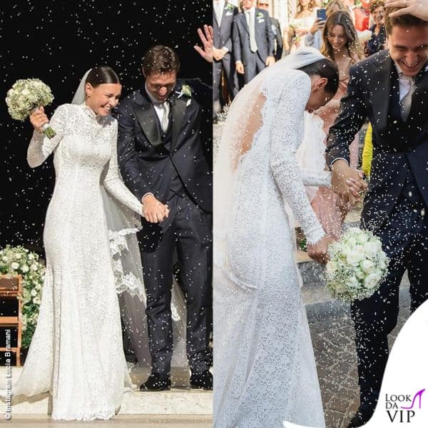 Lucia Bramani indossa un vestito di pizzo scollato sulla schiena alle nozze con Federico Chiesa