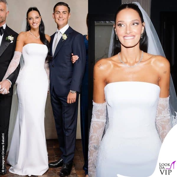 Un abito a colonna liscio con guanti di pizzo Dolce&Gabbana per Oriana Sabatini alle nozze con Paulo Dybala