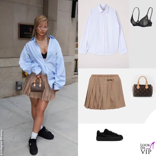 camicia Ambush, reggiseno Savage x Fenty, gonna Miu Miu, borsa Louis Vuitton, sneakers Puma 