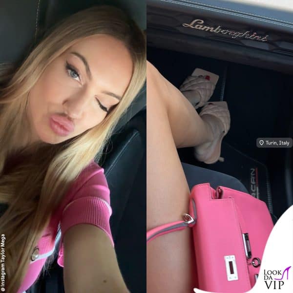 eccola con una Kelly rosa a bordo di una Lamborghini