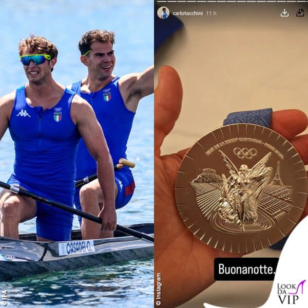 Carlo Tacchini posta la medaglia d'Argento conquistata insieme a Gabriele Casadei (canoa velocità)