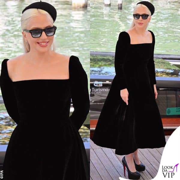 Lady Gaga con un abito Dior Haute Couture, occhiali Celine e platform Christian Louboutin
